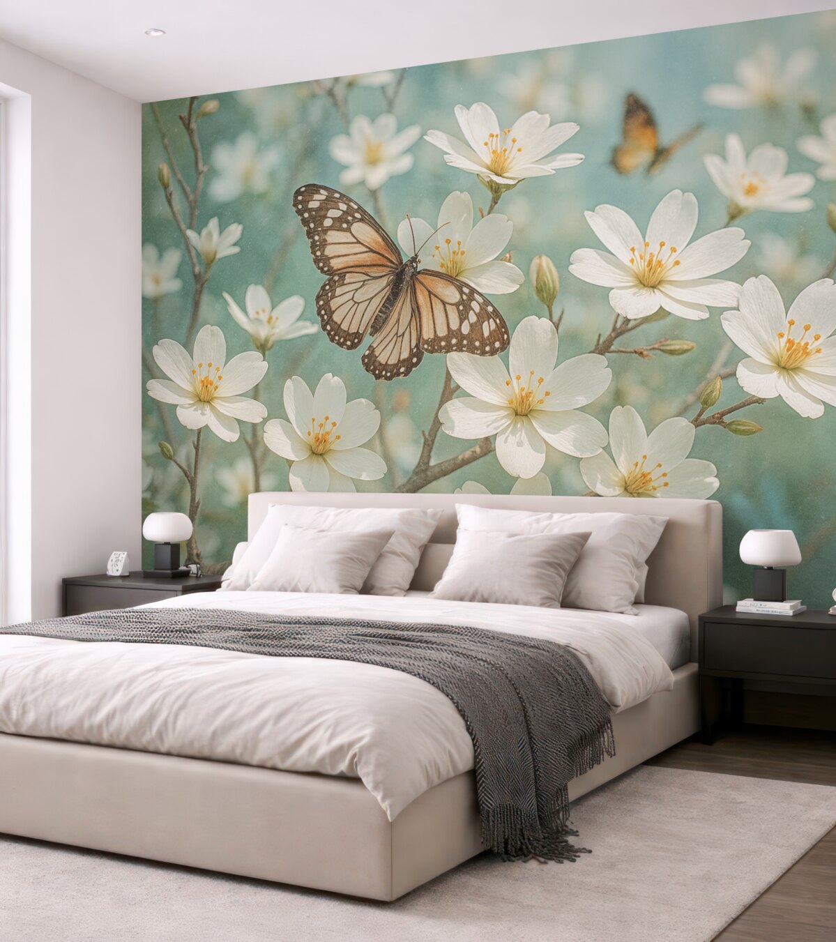 Fototapeta Biały motyl na gałązce z subtelnymi białymi kwiatami wiśni na pierwszym planie na zamazanym tle.