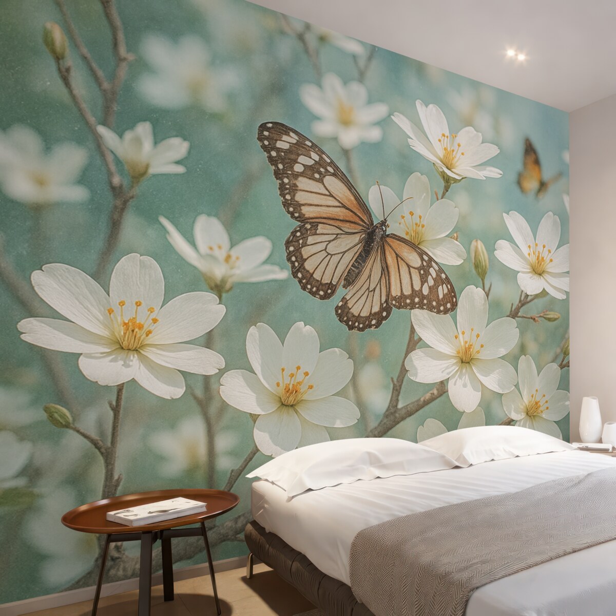 Fototapeta Biały motyl na gałązce z subtelnymi białymi kwiatami wiśni na pierwszym planie na zamazanym tle.