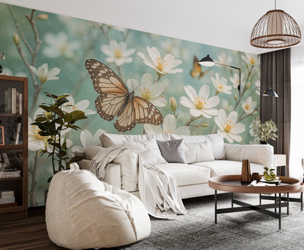 Fototapeta Biały motyl na gałązce z subtelnymi białymi kwiatami wiśni na pierwszym planie na zamazanym tle.