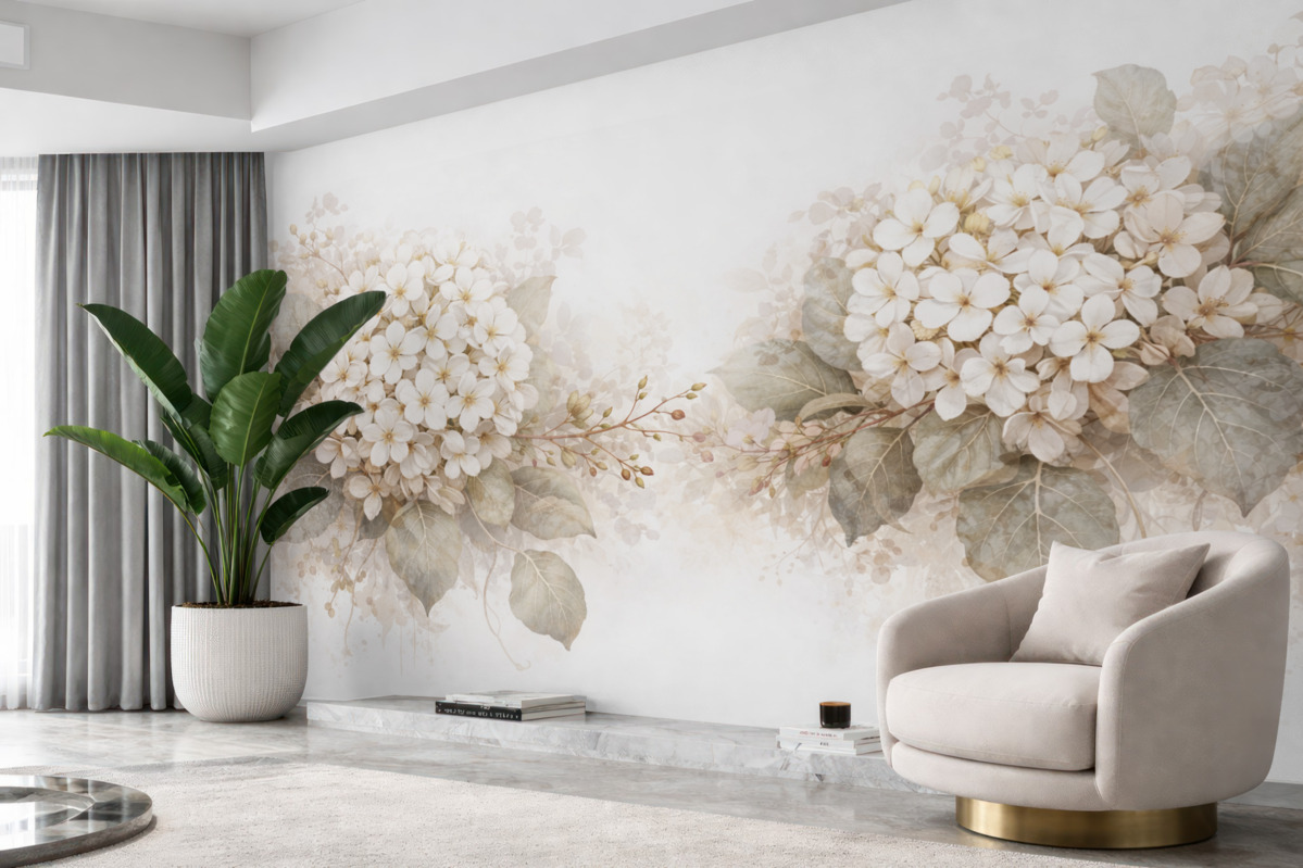 Fototapeta Subtelne białe kwiaty hortensji z gładkimi zielonymi liśćmi na jasnym tle.