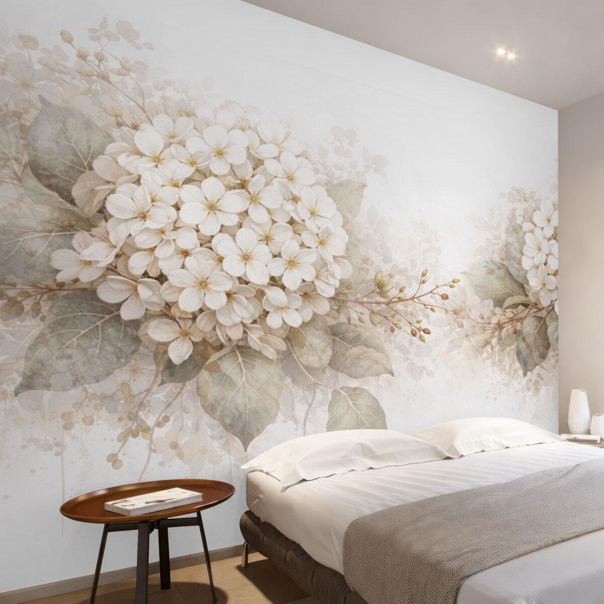 Fototapeta Subtelne białe kwiaty hortensji z gładkimi zielonymi liśćmi na jasnym tle.