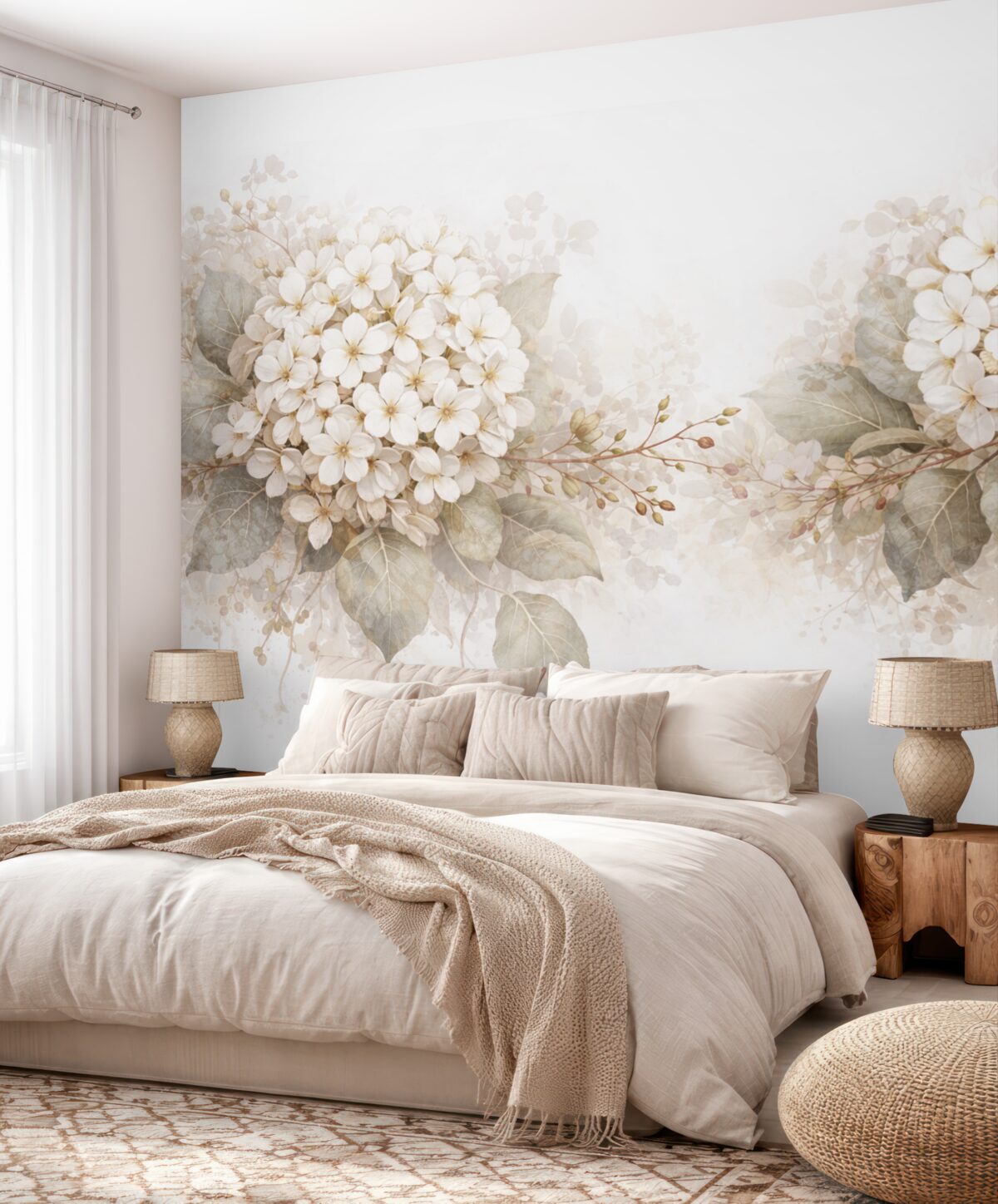 Fototapeta Subtelne białe kwiaty hortensji z gładkimi zielonymi liśćmi na jasnym tle.