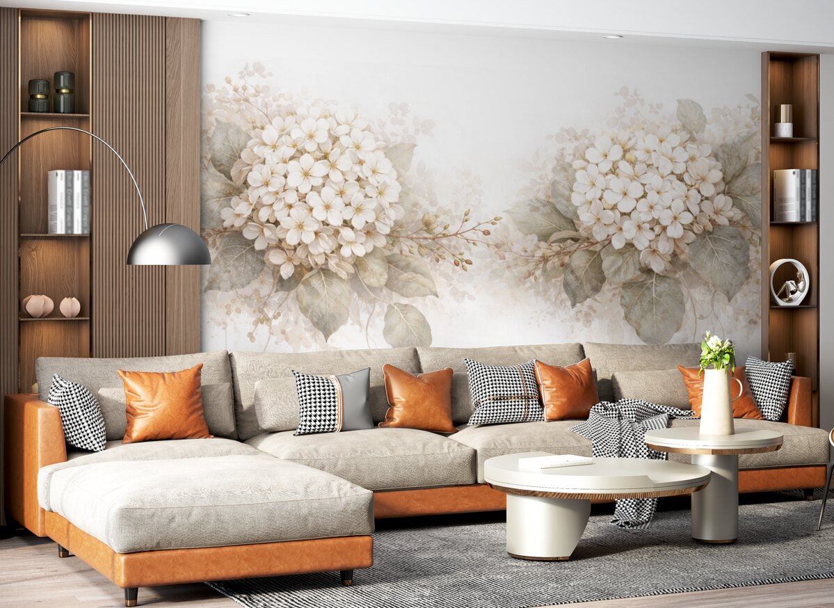 Fototapeta Subtelne białe kwiaty hortensji z gładkimi zielonymi liśćmi na jasnym tle.