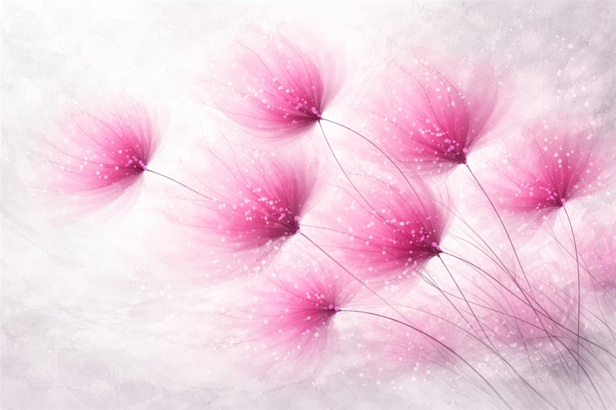 Fototapeta Delikatne różowe kwiaty na rozmytym, teksturowanym jasnoszarym tle z migoczącymi światłami.