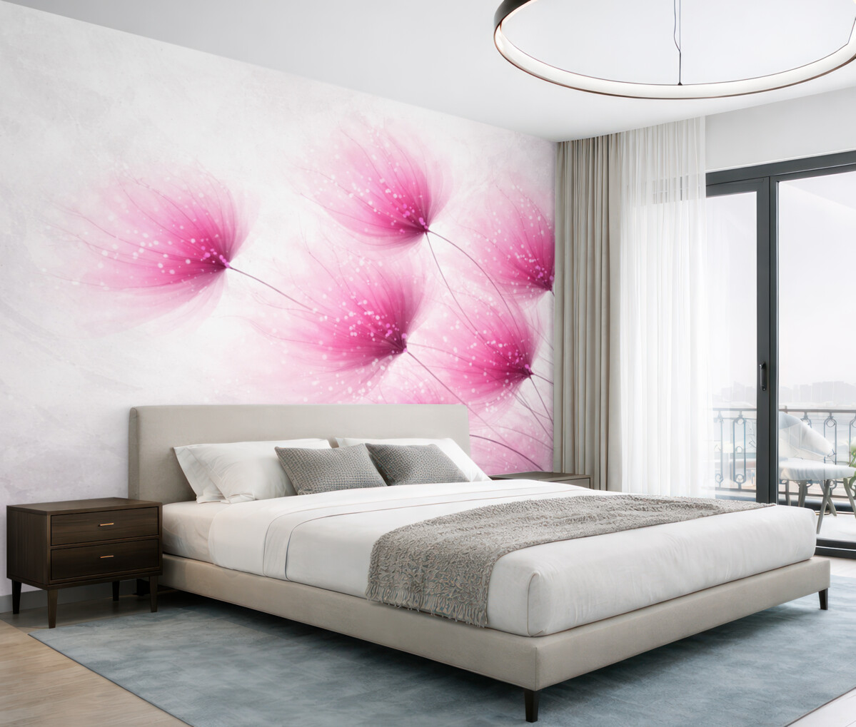 Fototapeta Delikatne różowe kwiaty na rozmytym, teksturowanym jasnoszarym tle z migoczącymi światłami.