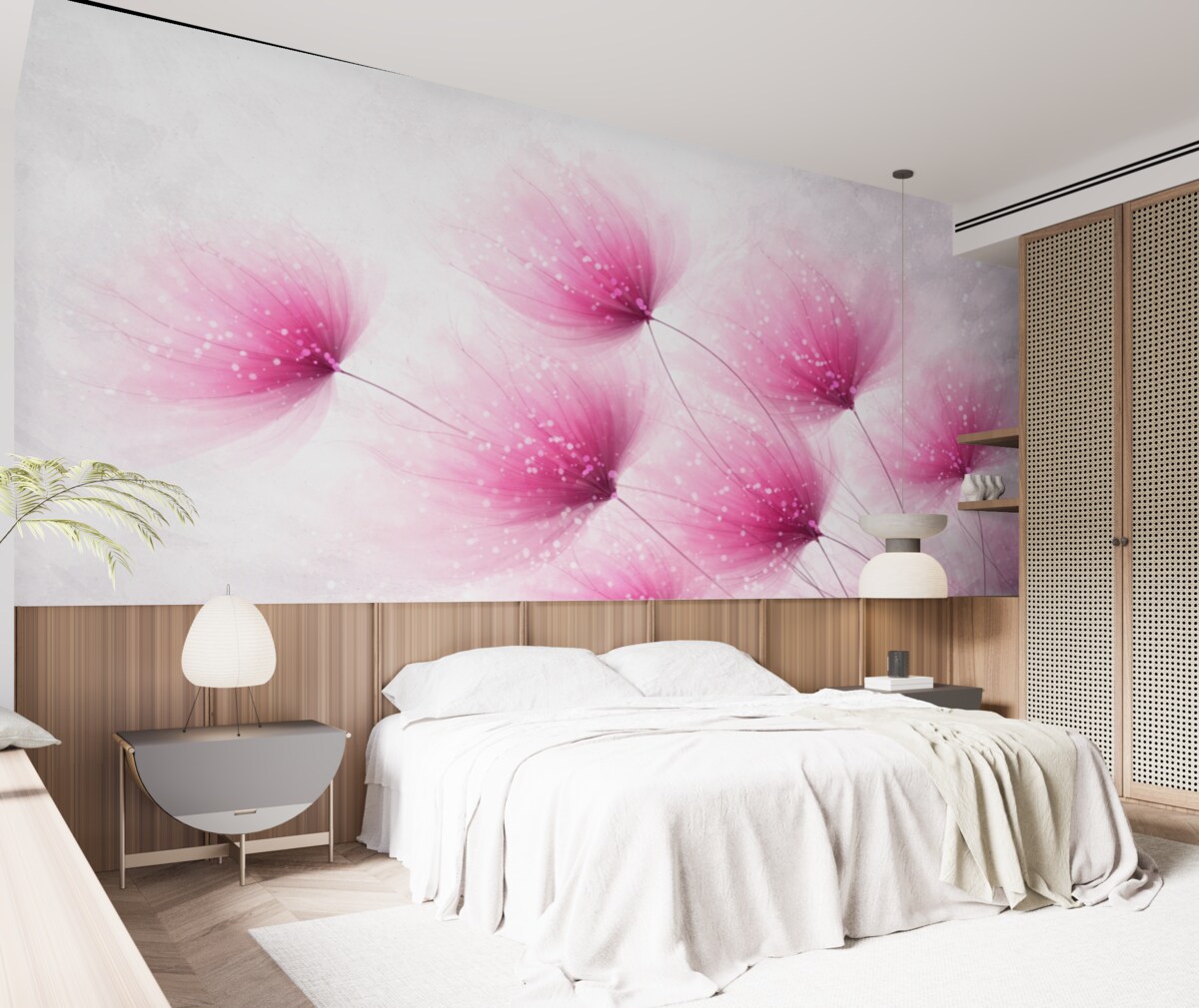 Fototapeta Delikatne różowe kwiaty na rozmytym, teksturowanym jasnoszarym tle z migoczącymi światłami.