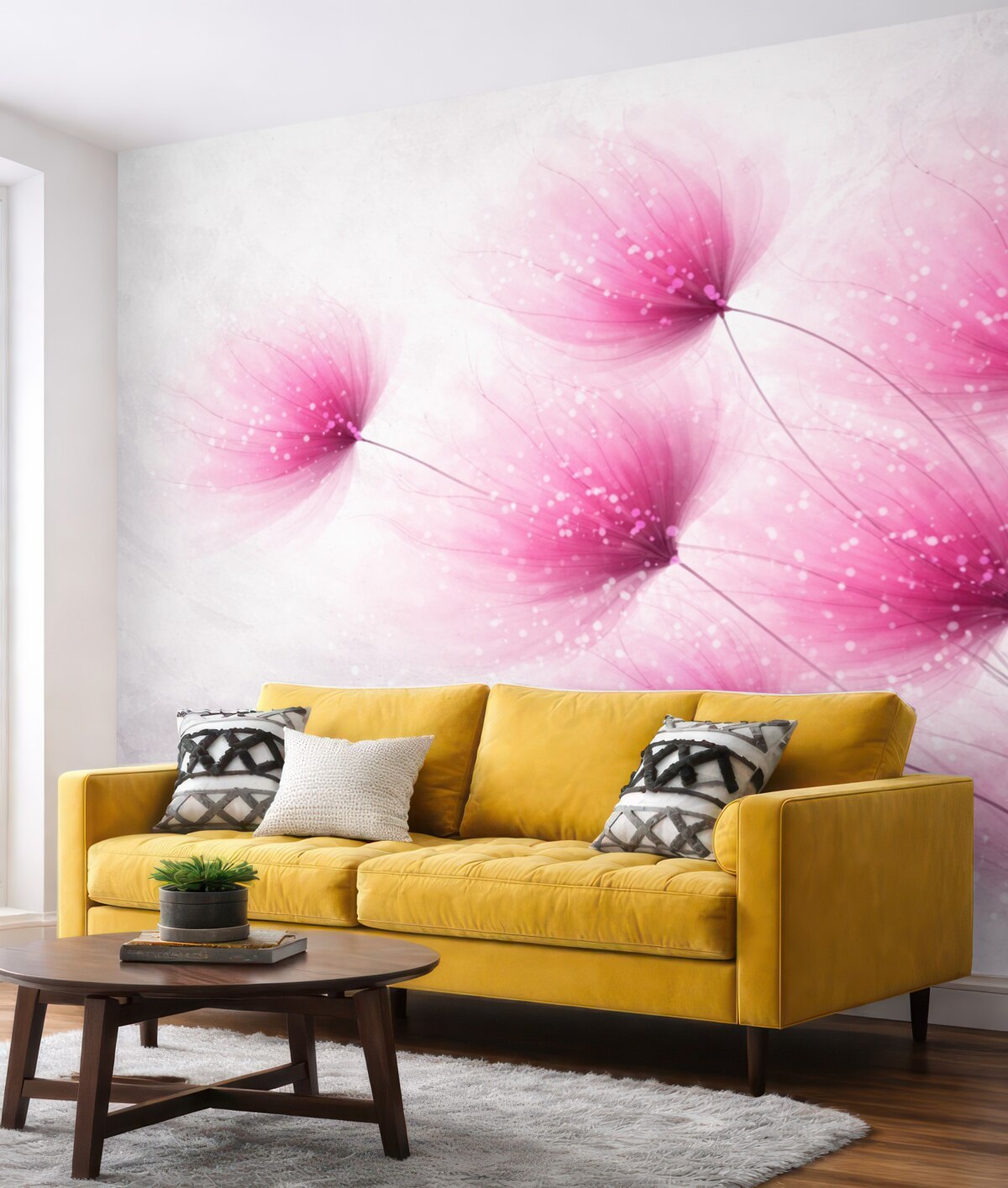 Fototapeta Delikatne różowe kwiaty na rozmytym, teksturowanym jasnoszarym tle z migoczącymi światłami.