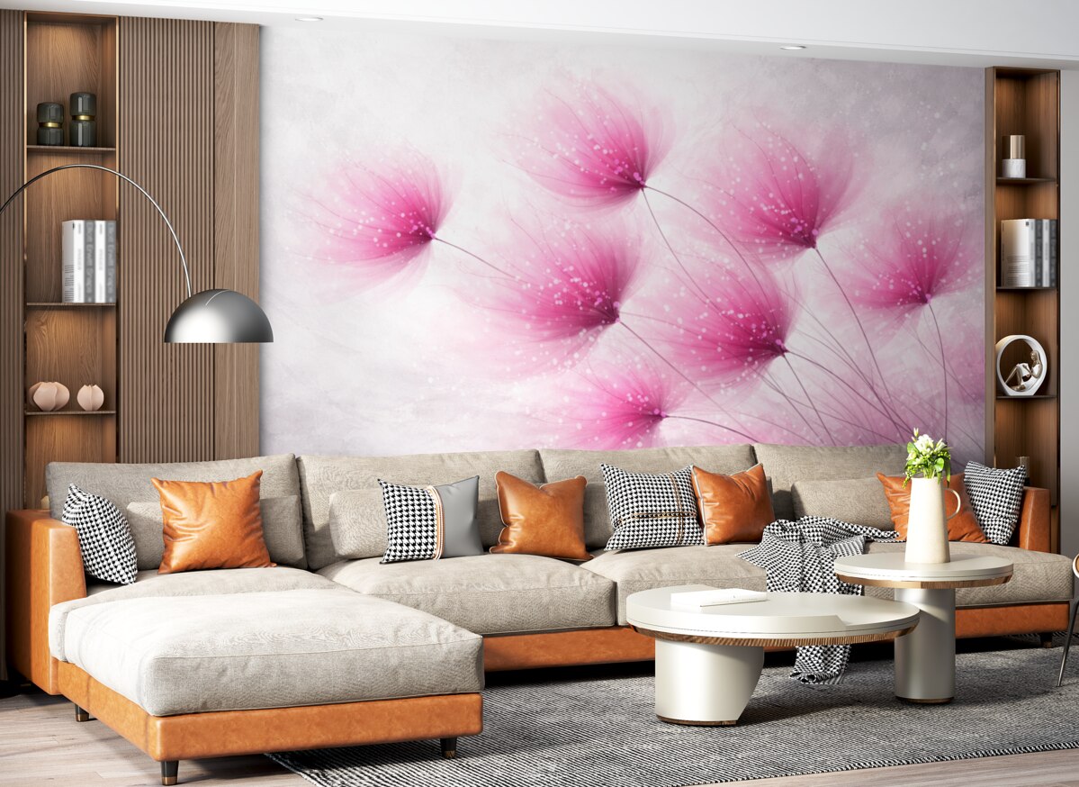 Fototapeta Delikatne różowe kwiaty na rozmytym, teksturowanym jasnoszarym tle z migoczącymi światłami.