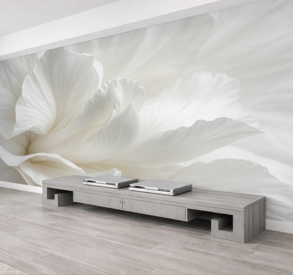 Fototapeta Abstrakcyjny minimalistyczny wzór subtelnego białego kwiatu z gładkimi, aksamitnymi płatkami.