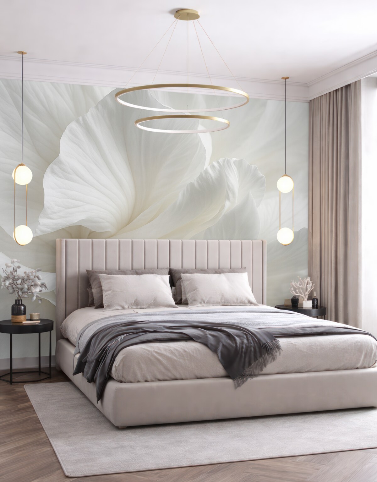 Fototapeta Abstrakcyjny minimalistyczny wzór subtelnego białego kwiatu z gładkimi, aksamitnymi płatkami.