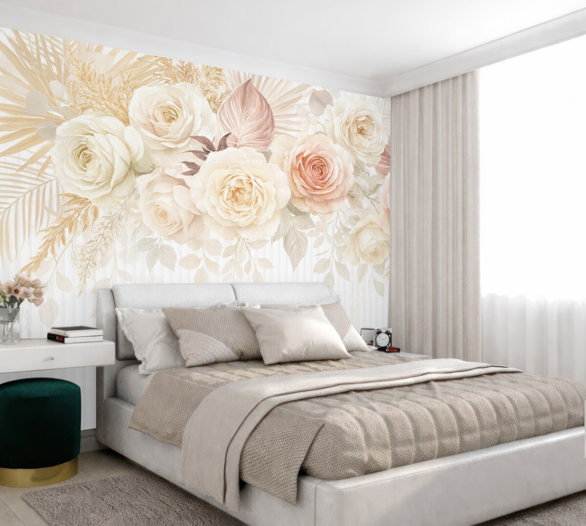 Fototapeta Bukiet kwiatowy z różowymi i białymi różami, palmowymi liśćmi oraz innymi tropikalnymi liśćmi na jasnym tle.