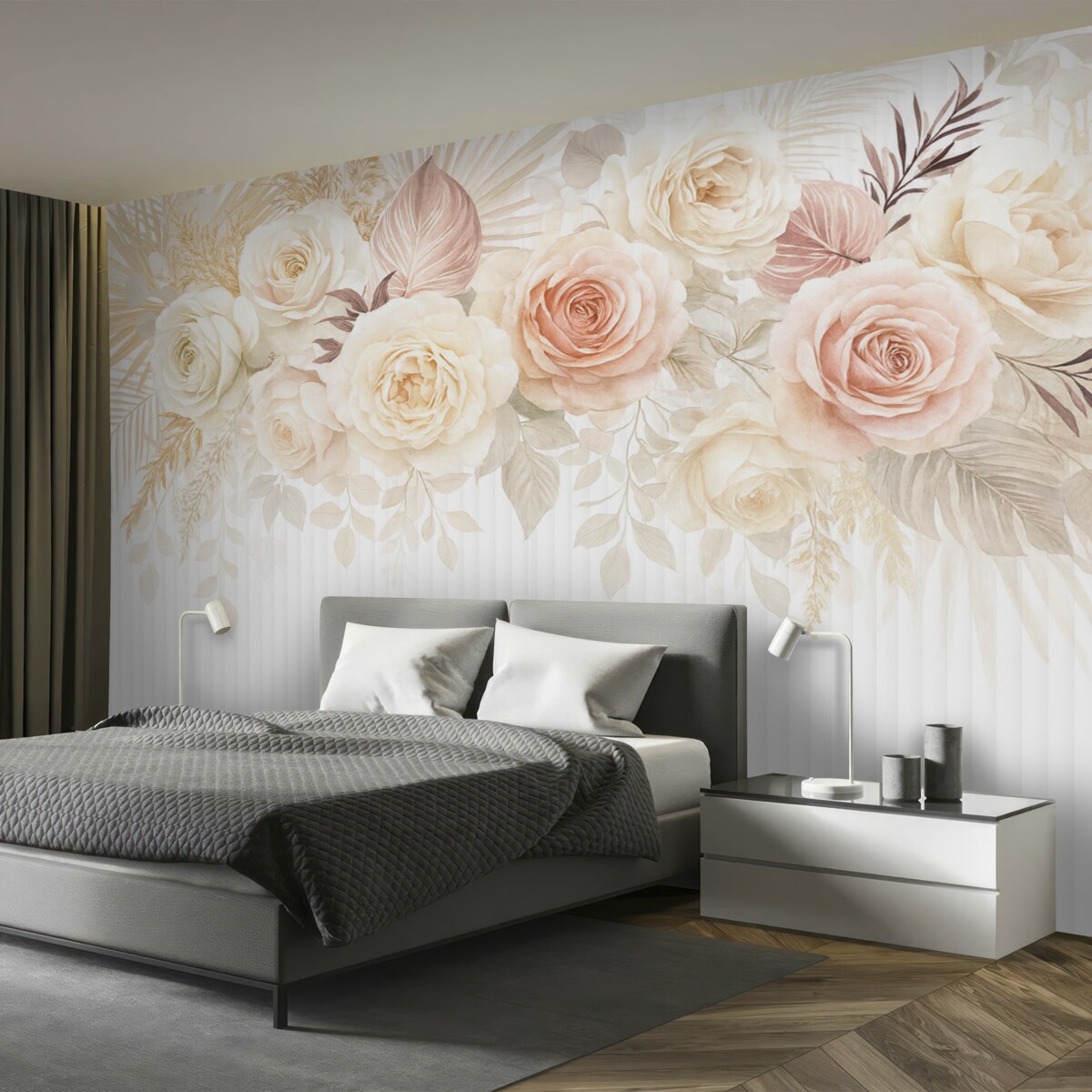 Fototapeta Bukiet kwiatowy z różowymi i białymi różami, palmowymi liśćmi oraz innymi tropikalnymi liśćmi na jasnym tle.