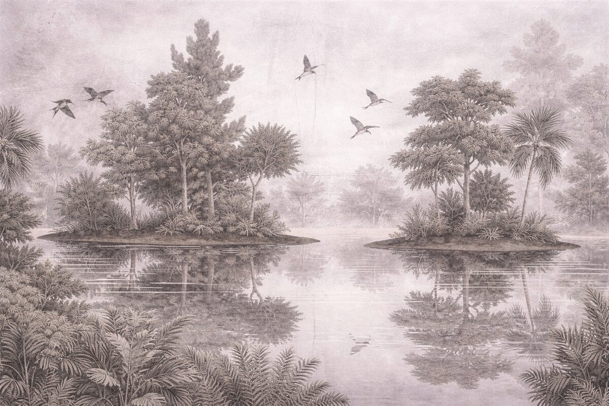 Fototapeta Nadruk leśnego pejzażu z jeziorem otoczonym sosnami i innymi drzewami na teksturowanym beżowym tle.