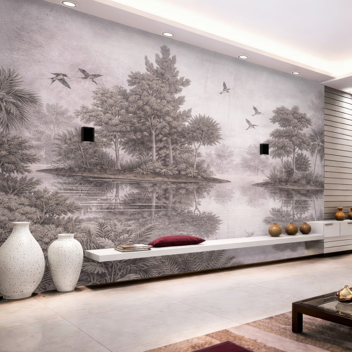 Fototapeta Nadruk leśnego pejzażu z jeziorem otoczonym sosnami i innymi drzewami na teksturowanym beżowym tle.