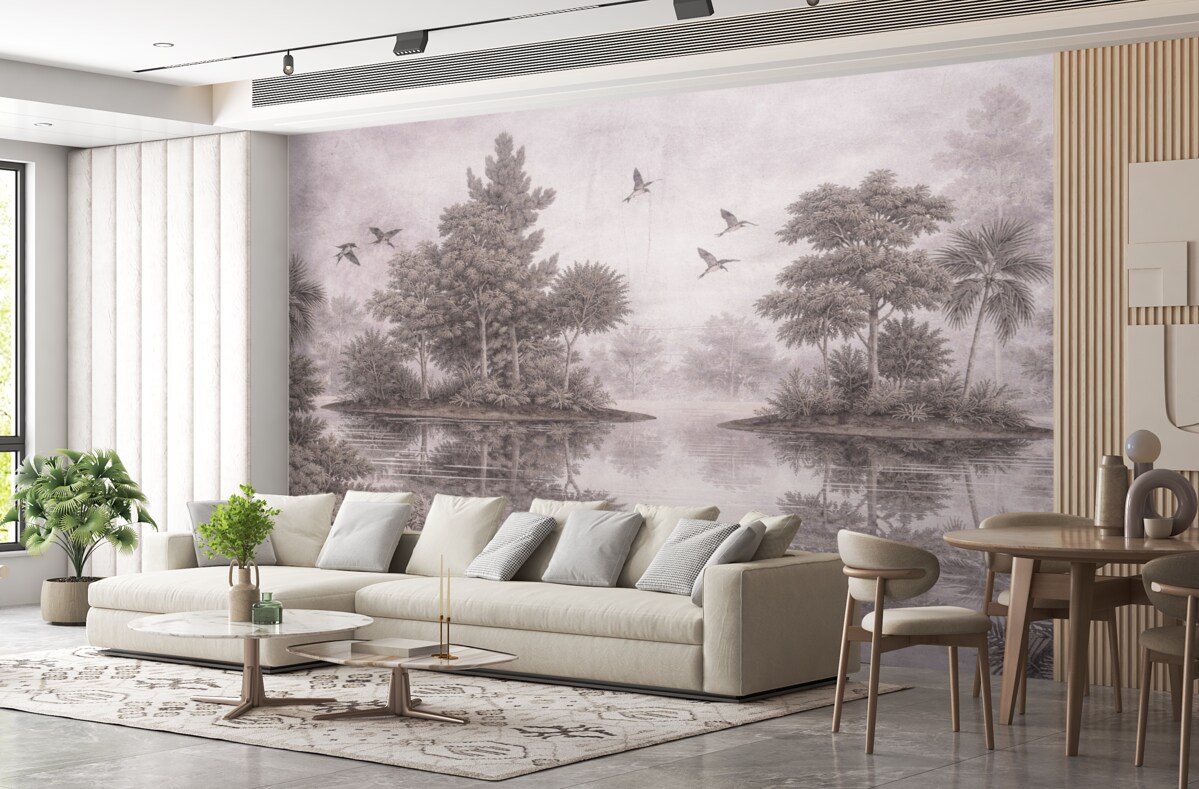 Fototapeta Nadruk leśnego pejzażu z jeziorem otoczonym sosnami i innymi drzewami na teksturowanym beżowym tle.