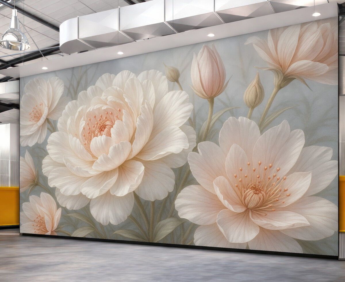 Fototapeta Wielkie, subtelne białe i różowe kwiaty piwonii z miękkimi, puszystymi płatkami na rozmytym szarym tle.