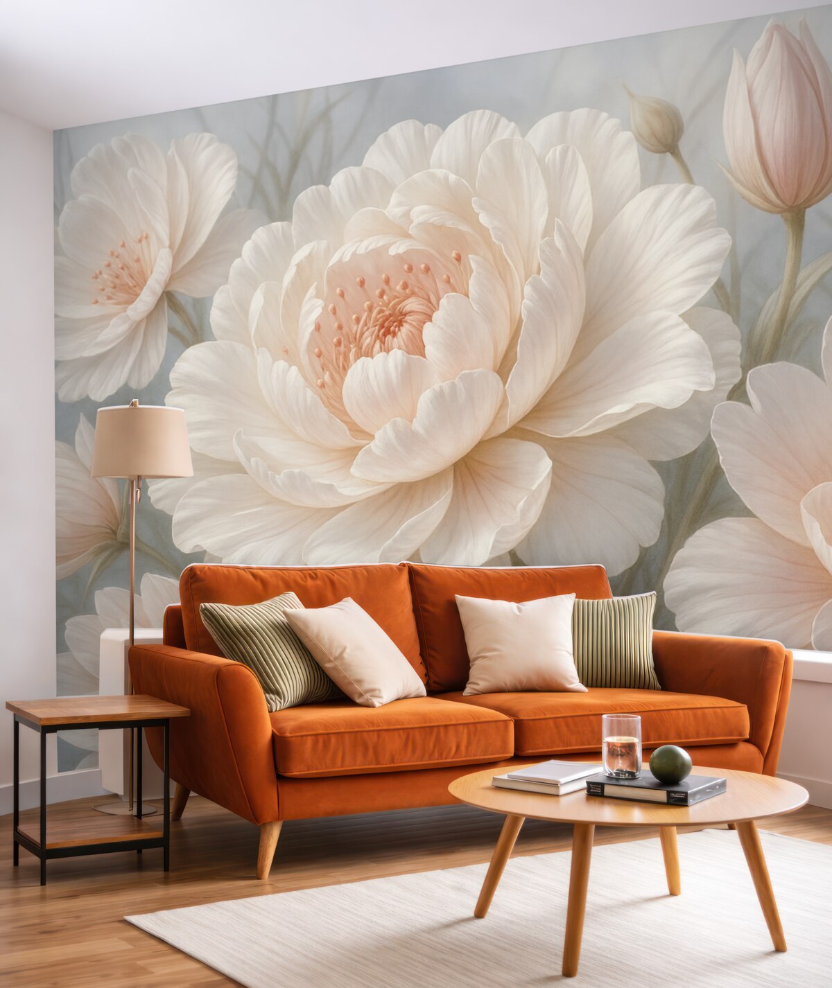 Fototapeta Wielkie, subtelne białe i różowe kwiaty piwonii z miękkimi, puszystymi płatkami na rozmytym szarym tle.