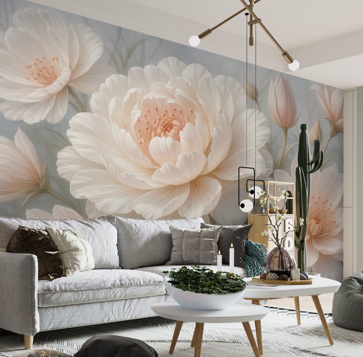 Fototapeta Wielkie, subtelne białe i różowe kwiaty piwonii z miękkimi, puszystymi płatkami na rozmytym szarym tle.