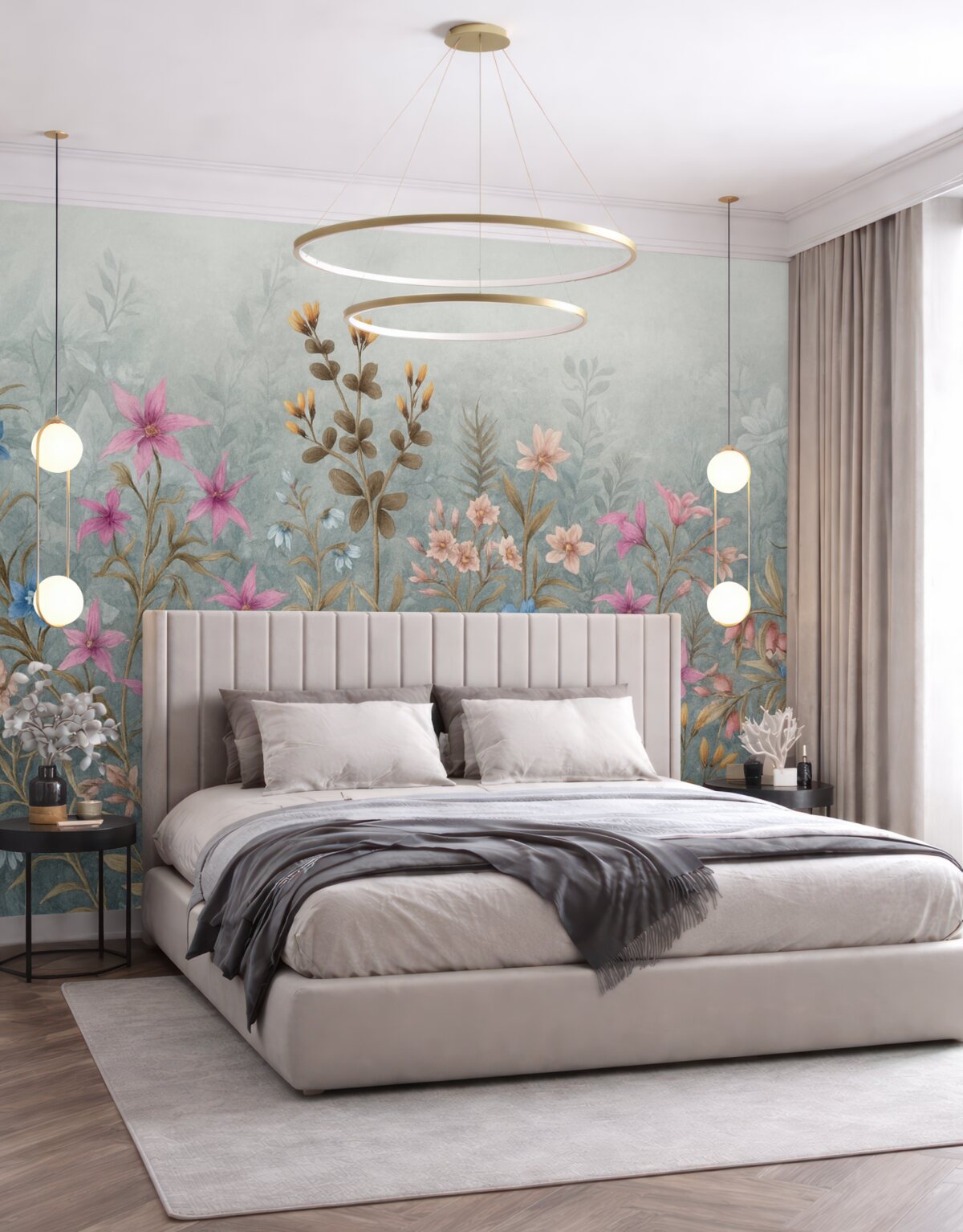 Fototapeta Gęsty, pełen życia kwiatowy nadruk teksturowy z barwnymi roślinami i kwiatami o złożonych detalach oraz fakturach.