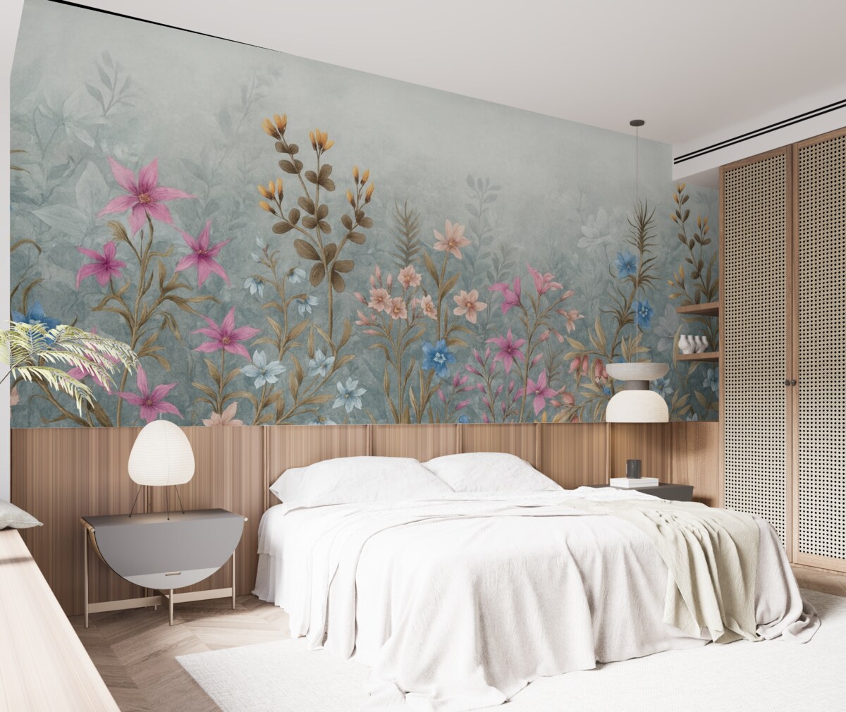 Fototapeta Gęsty, pełen życia kwiatowy nadruk teksturowy z barwnymi roślinami i kwiatami o złożonych detalach oraz fakturach.