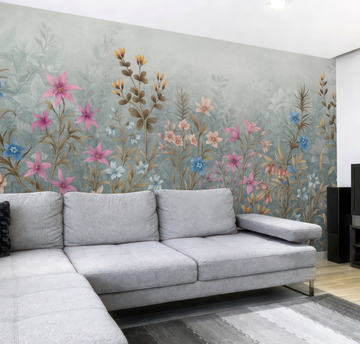 Fototapeta Gęsty, pełen życia kwiatowy nadruk teksturowy z barwnymi roślinami i kwiatami o złożonych detalach oraz fakturach.