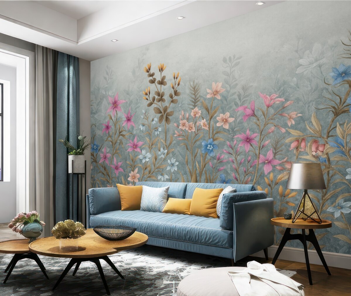 Fototapeta Gęsty, pełen życia kwiatowy nadruk teksturowy z barwnymi roślinami i kwiatami o złożonych detalach oraz fakturach.