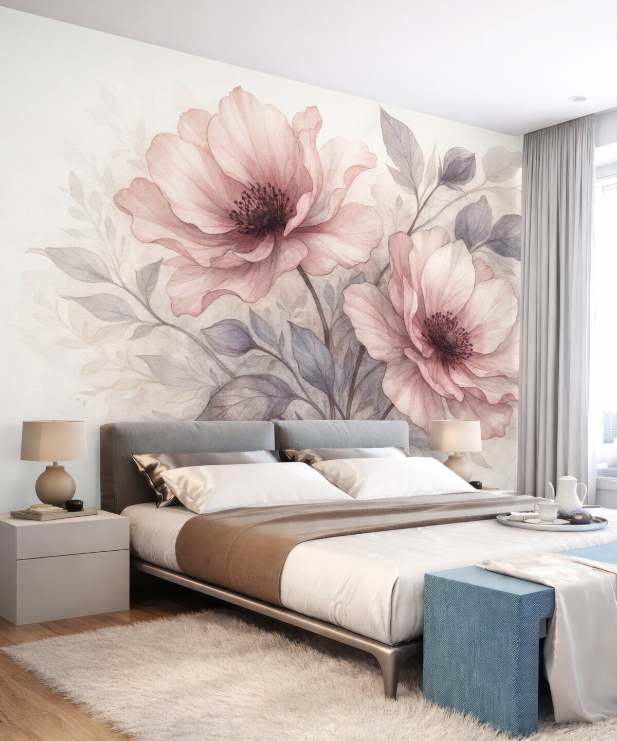 Fototapeta Subtelne przezroczyste różowe i szare kwiaty z delikatnymi, rozmytymi płatkami na białym tle.