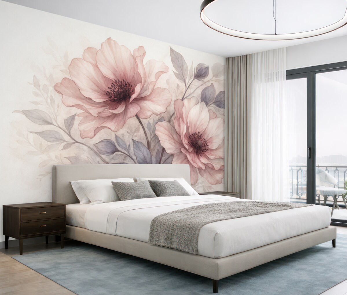 Fototapeta Subtelne przezroczyste różowe i szare kwiaty z delikatnymi, rozmytymi płatkami na białym tle.