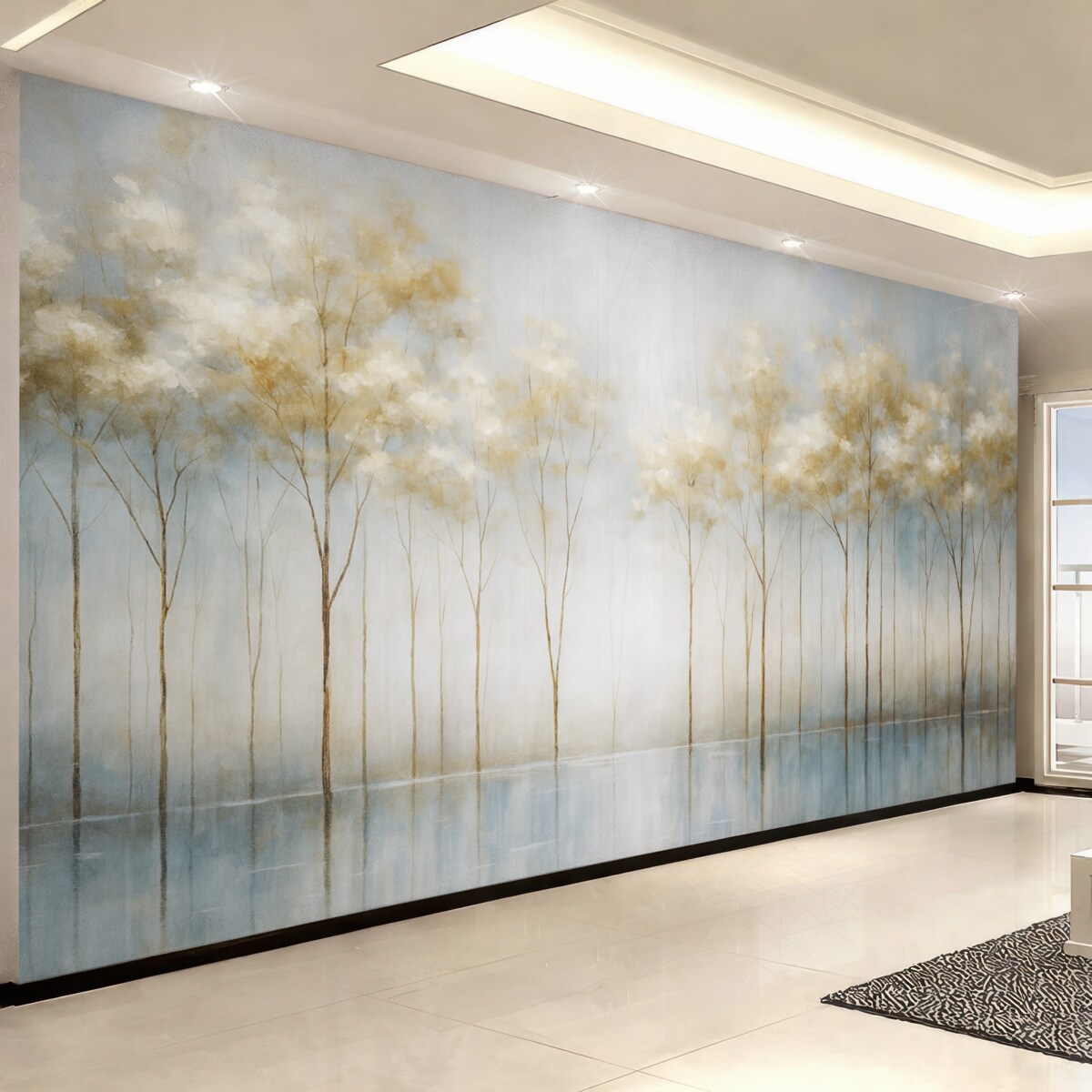 Fototapeta Przeźroczyste drzewa w abstrakcyjnym pastelowym rozmazanym zimowym minimalistycznym pejzażu z delikatnym, mglistym tłem.