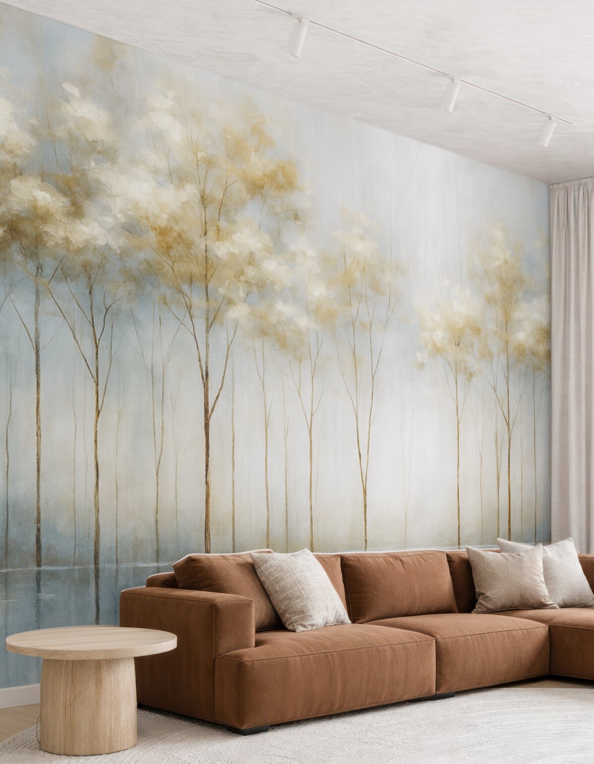 Fototapeta Przeźroczyste drzewa w abstrakcyjnym pastelowym rozmazanym zimowym minimalistycznym pejzażu z delikatnym, mglistym tłem.