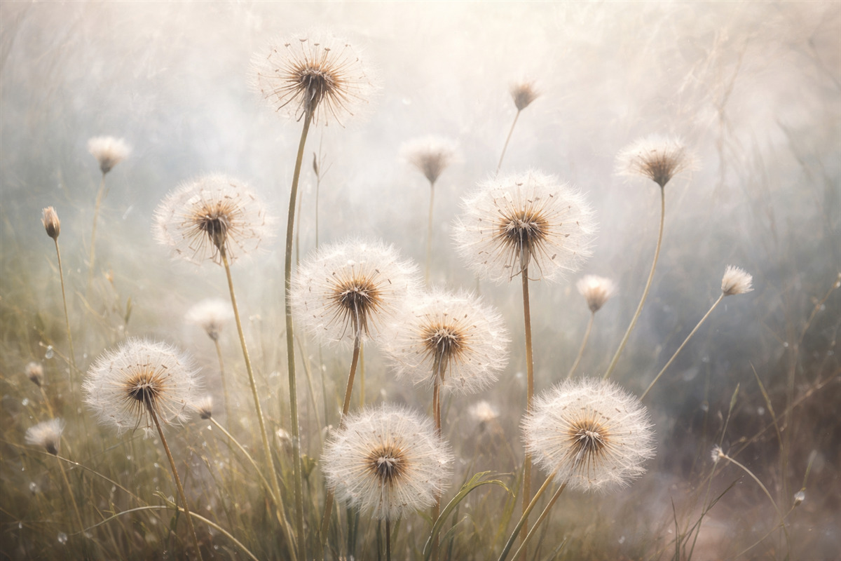 Fototapeta Delikatna ostrość kwiatów mniszka lekarskiego na łące, z rozmytym pastelowym tłem teksturowanym.