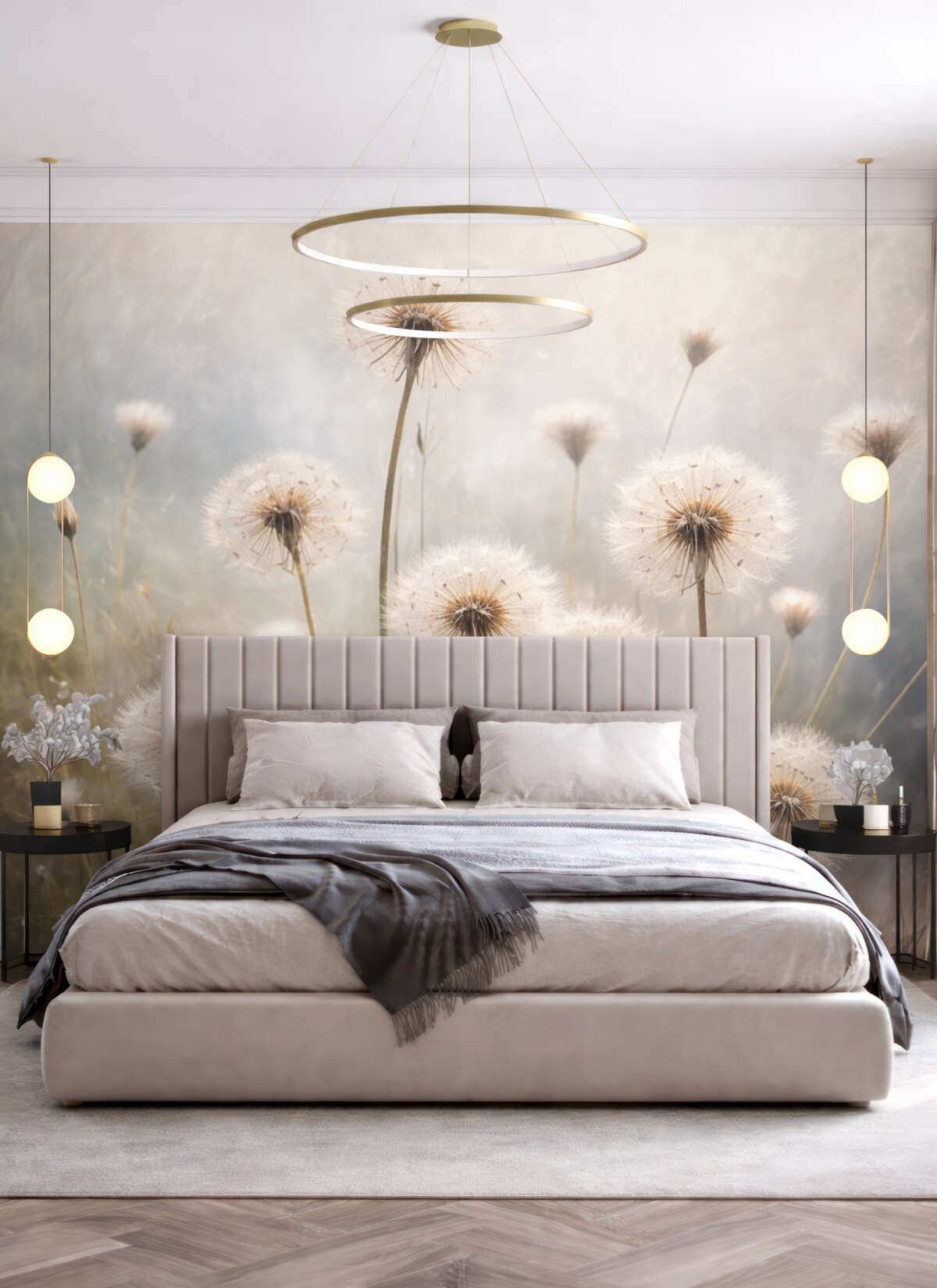 Fototapeta Delikatna ostrość kwiatów mniszka lekarskiego na łące, z rozmytym pastelowym tłem teksturowanym.