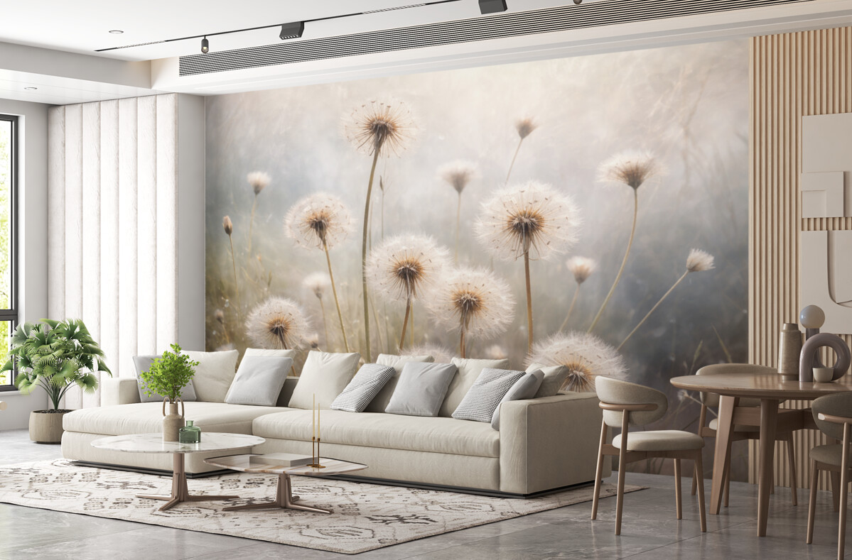 Fototapeta Delikatna ostrość kwiatów mniszka lekarskiego na łące, z rozmytym pastelowym tłem teksturowanym.