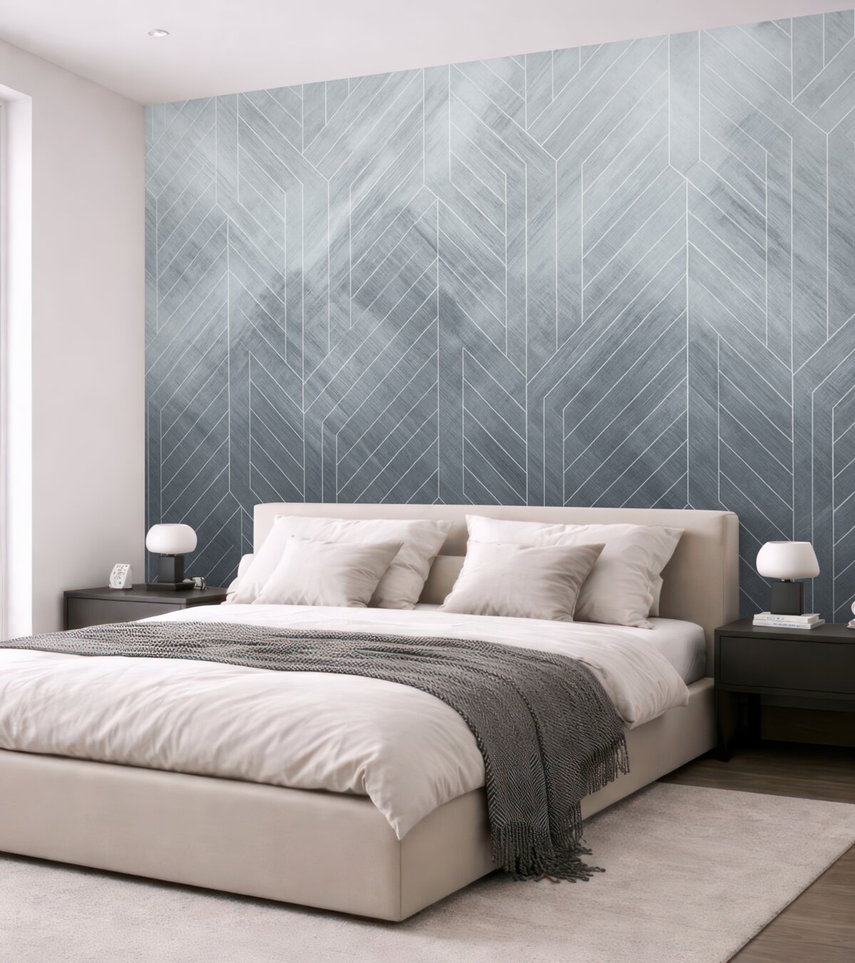 Fototapeta Abstrakcyjne tło geometryczne z ukośnymi liniami oraz efektem gradacji w niebieskich tonach.