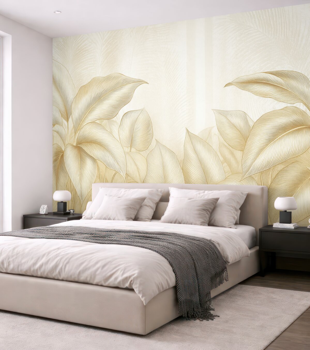 Fototapeta Eleganckie białe oraz beżowe liście palmowe na jasnym, fakturowanym tle.