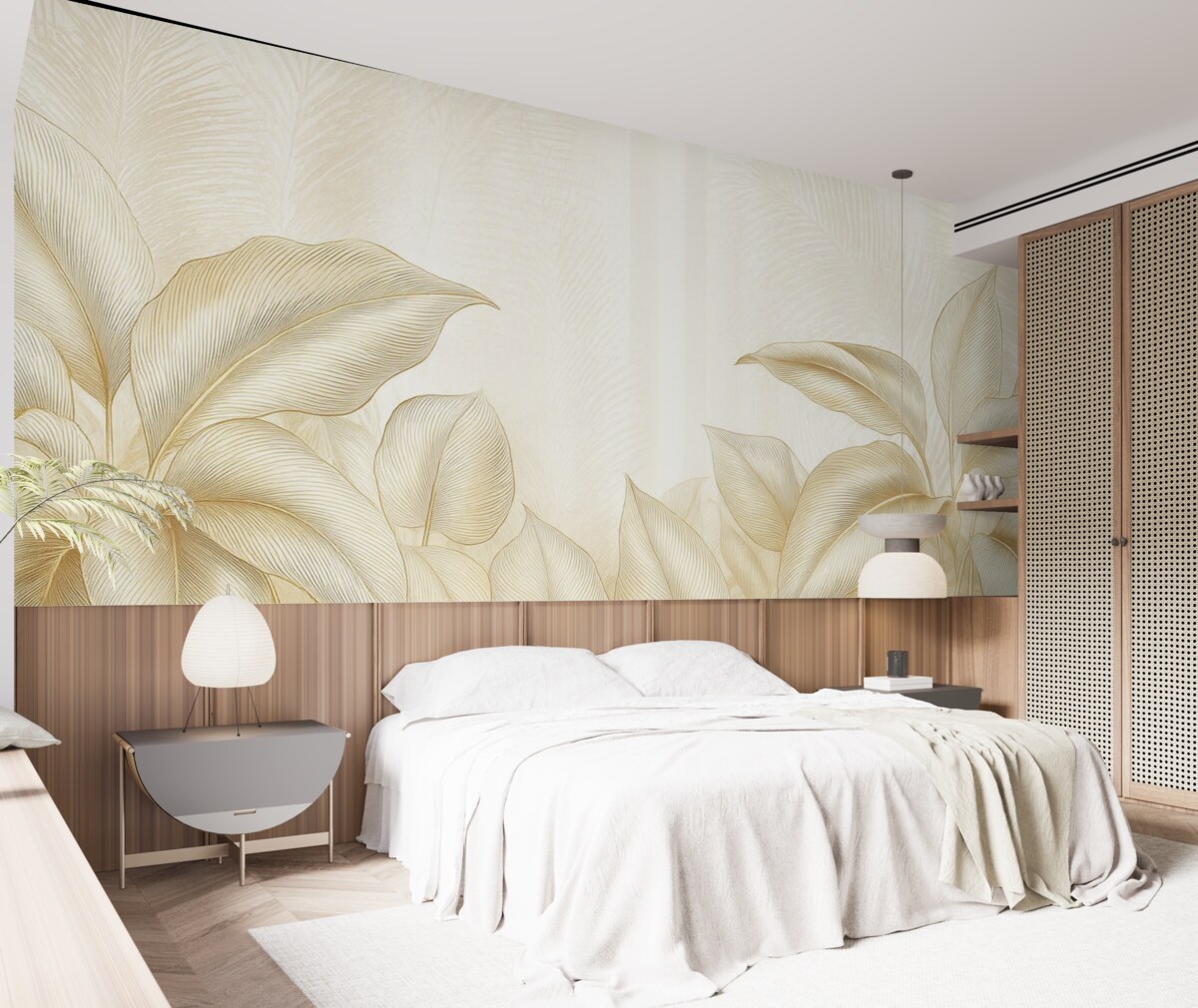 Fototapeta Eleganckie białe oraz beżowe liście palmowe na jasnym, fakturowanym tle.