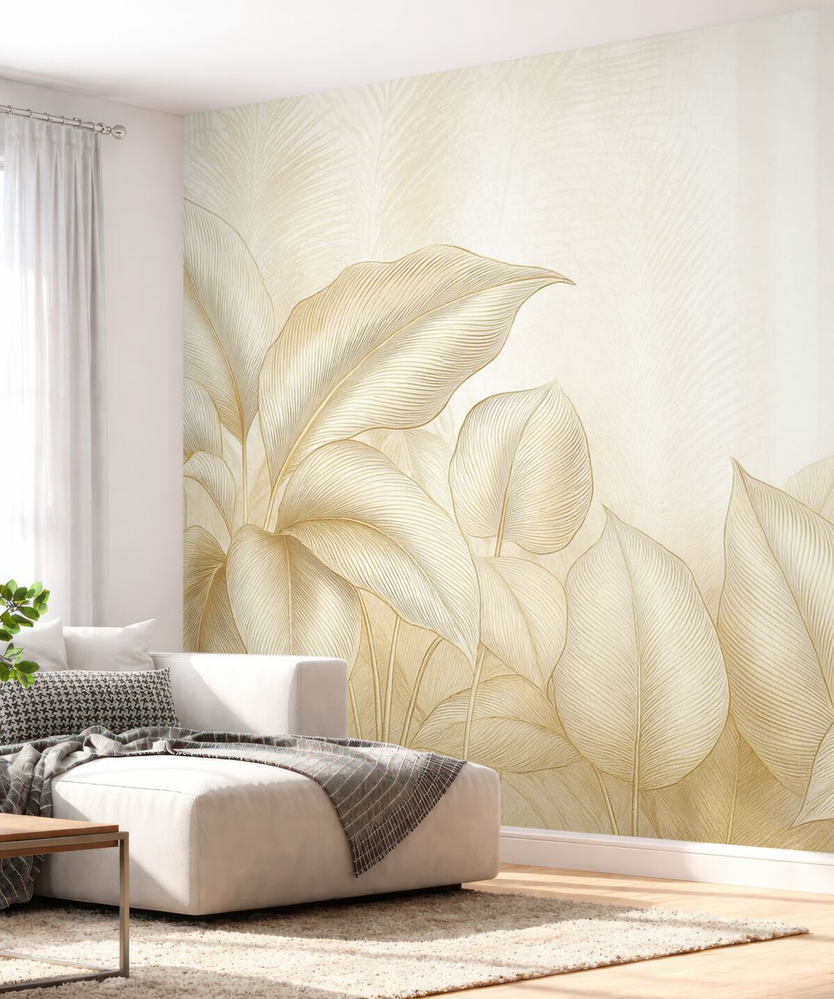 Fototapeta Eleganckie białe oraz beżowe liście palmowe na jasnym, fakturowanym tle.