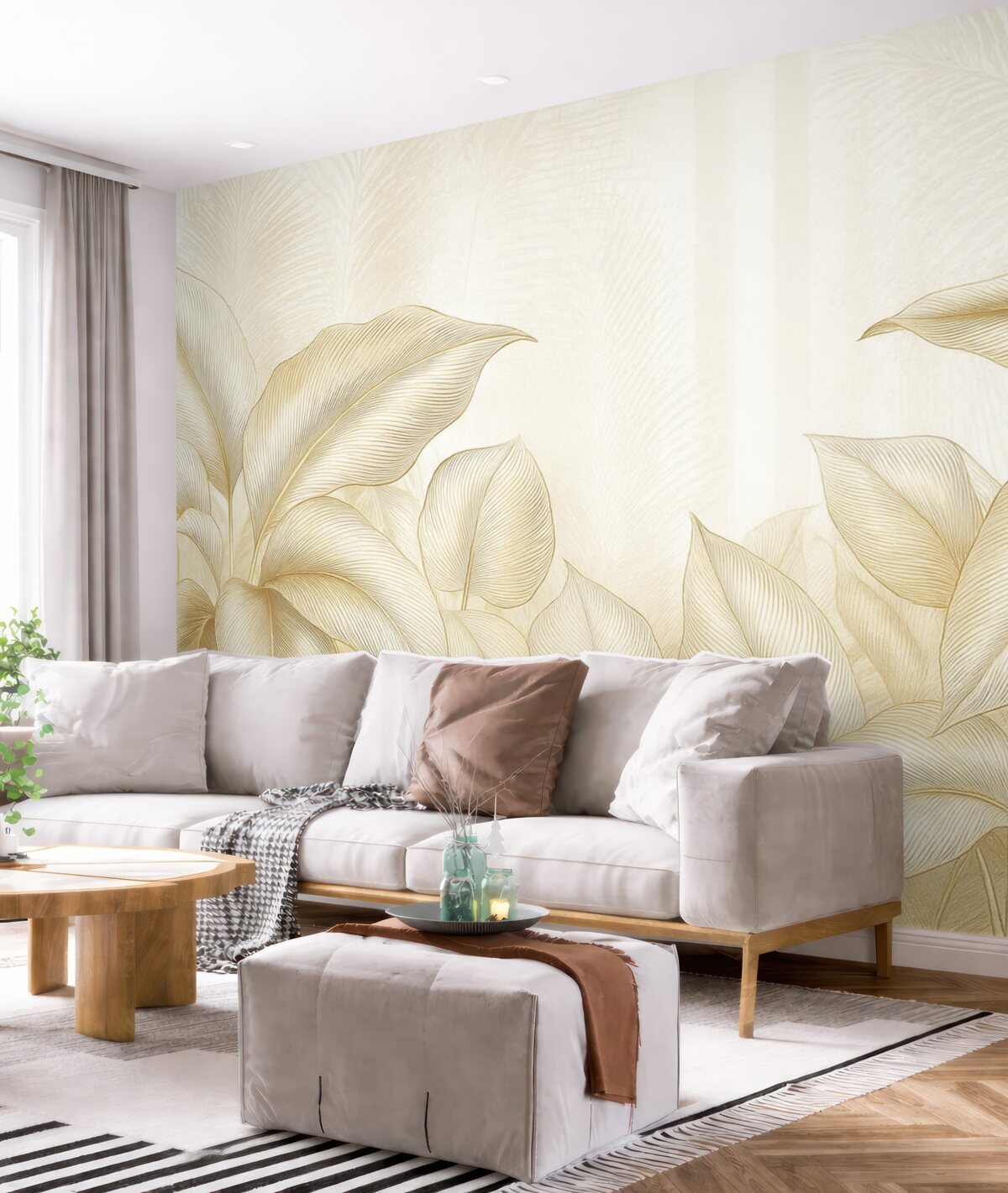 Fototapeta Eleganckie białe oraz beżowe liście palmowe na jasnym, fakturowanym tle.
