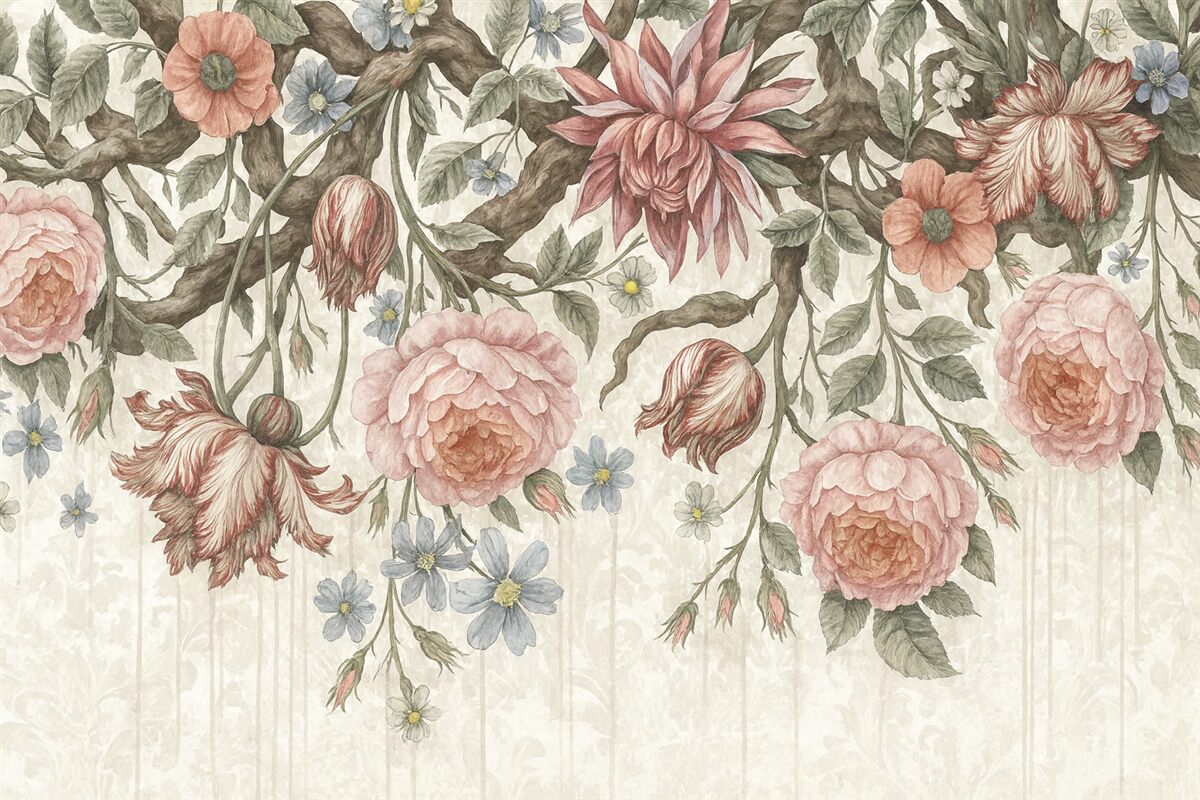 Fototapeta Obfita kompozycja kwiatowa z dużymi różowymi i białymi kwiatami, z zielonymi liśćmi oraz pędami.