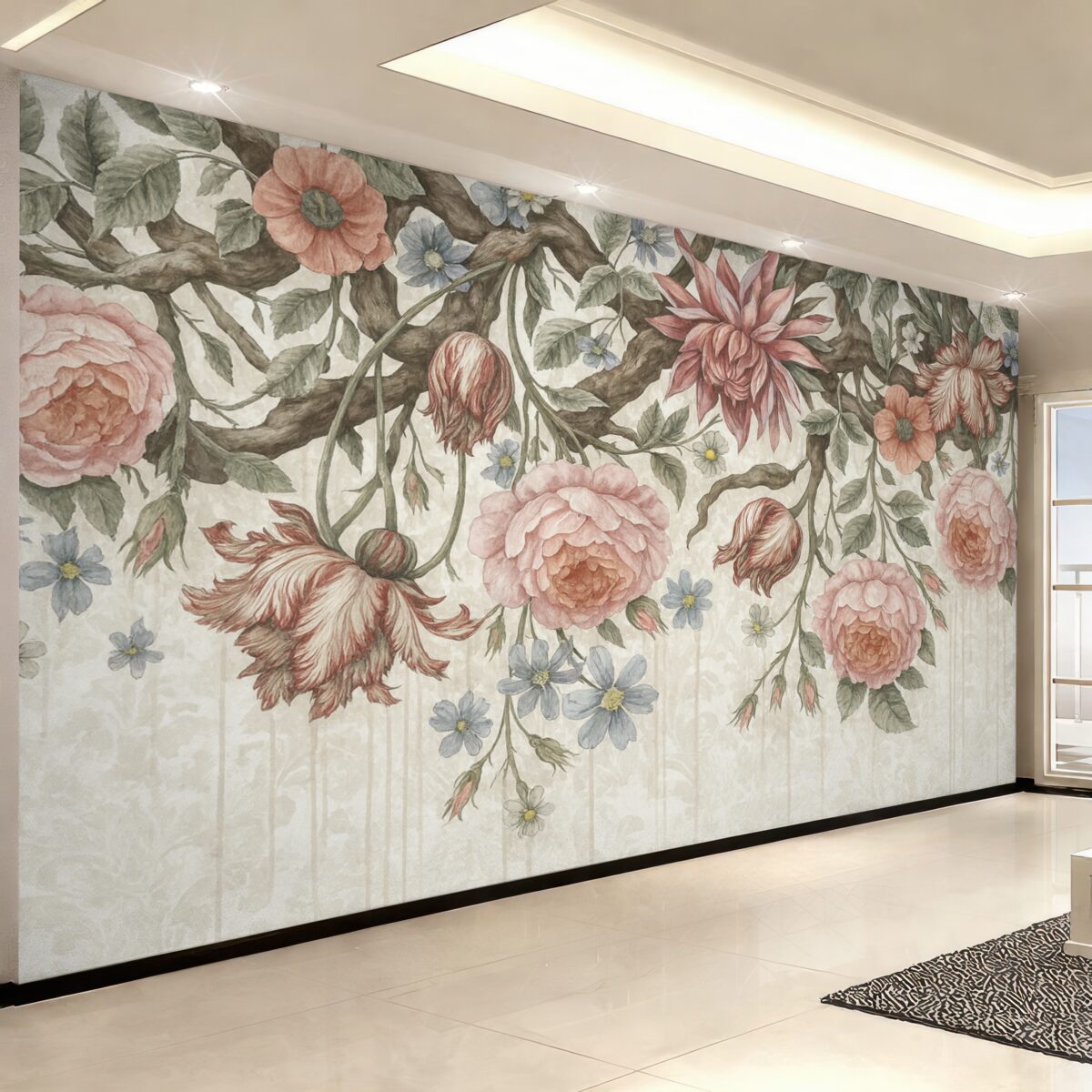 Fototapeta Obfita kompozycja kwiatowa z dużymi różowymi i białymi kwiatami, z zielonymi liśćmi oraz pędami.