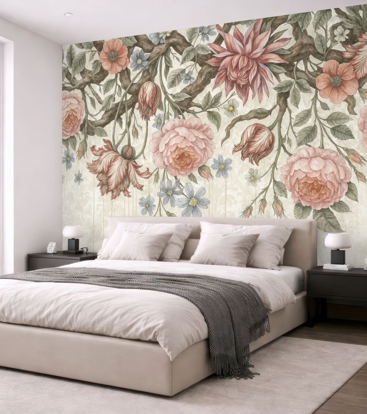 Fototapeta Obfita kompozycja kwiatowa z dużymi różowymi i białymi kwiatami, z zielonymi liśćmi oraz pędami.