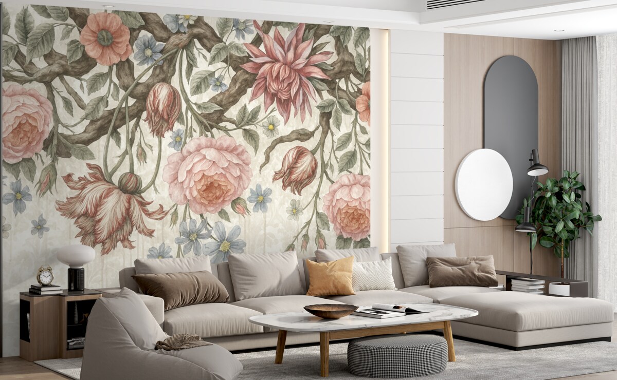 Fototapeta Obfita kompozycja kwiatowa z dużymi różowymi i białymi kwiatami, z zielonymi liśćmi oraz pędami.