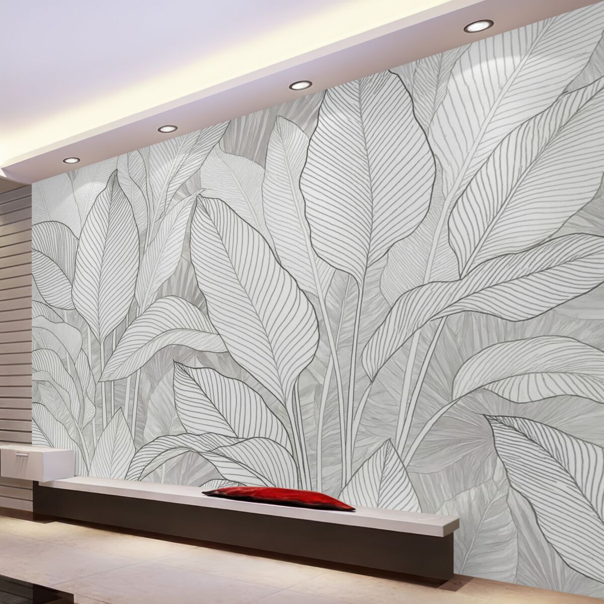 Fototapeta Jednokolorowa ilustracja ukazująca duże, stylizowane liście oraz zieleń z detalicznymi wzorami linii i fakturami.