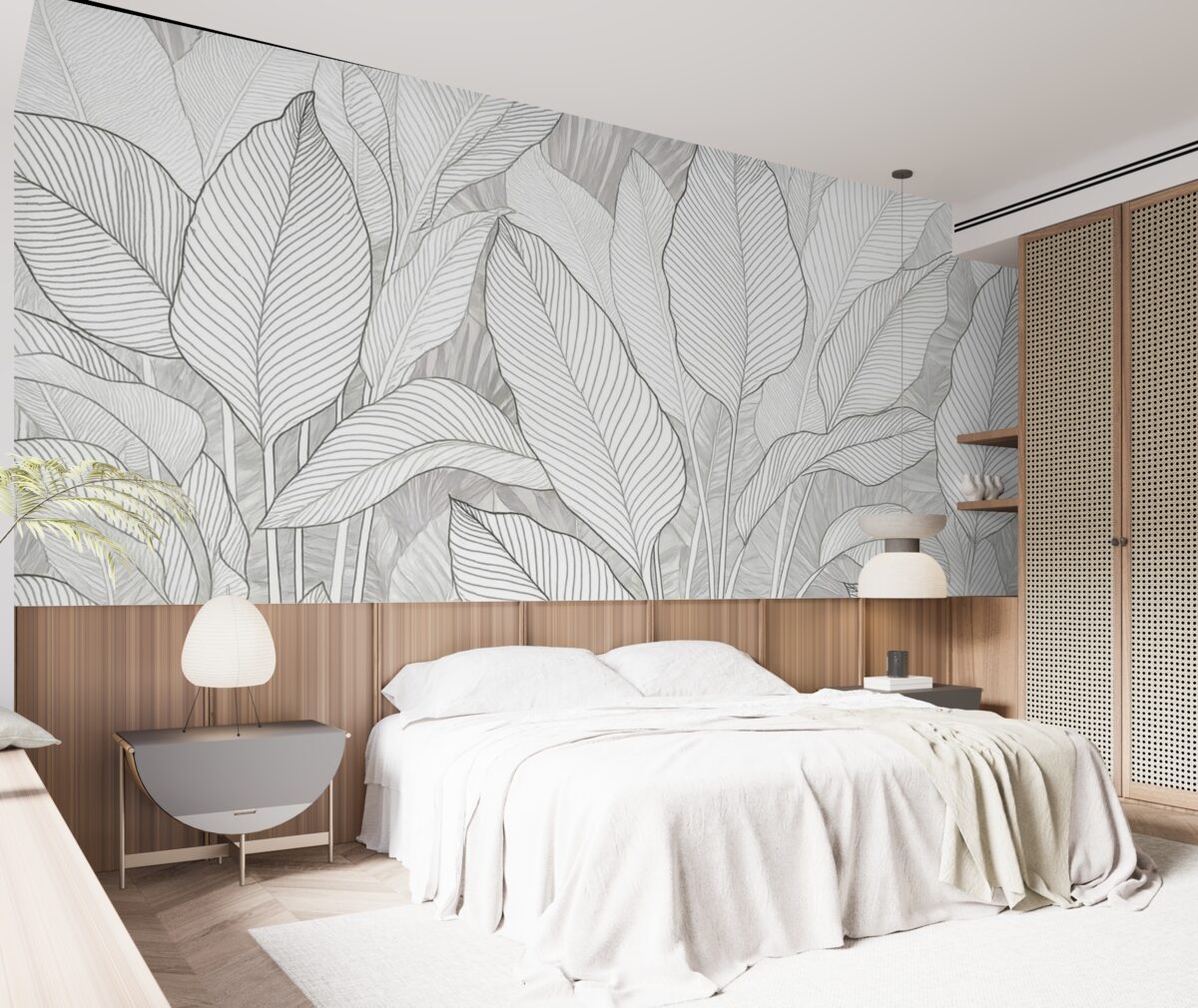 Fototapeta Jednokolorowa ilustracja ukazująca duże, stylizowane liście oraz zieleń z detalicznymi wzorami linii i fakturami.