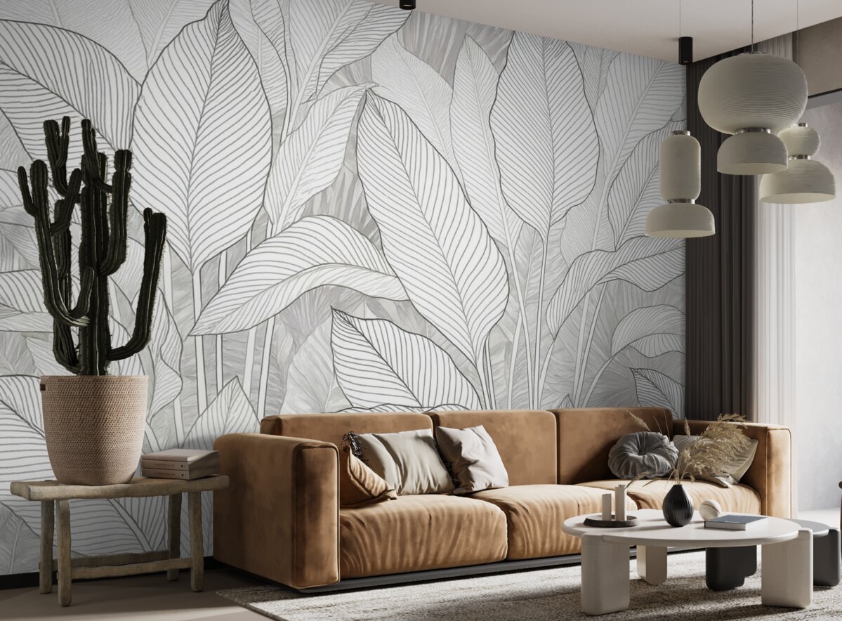 Fototapeta Jednokolorowa ilustracja ukazująca duże, stylizowane liście oraz zieleń z detalicznymi wzorami linii i fakturami.