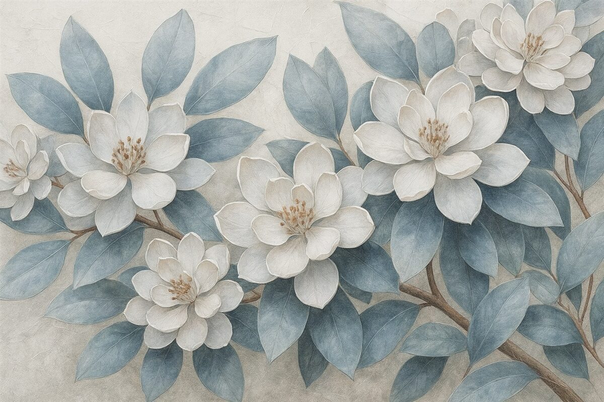 Fototapeta Subtelne białe kwiaty z szaro-zielonymi liśćmi na łagodnym, stonowanym tle w estetyce malarstwa olejnego.