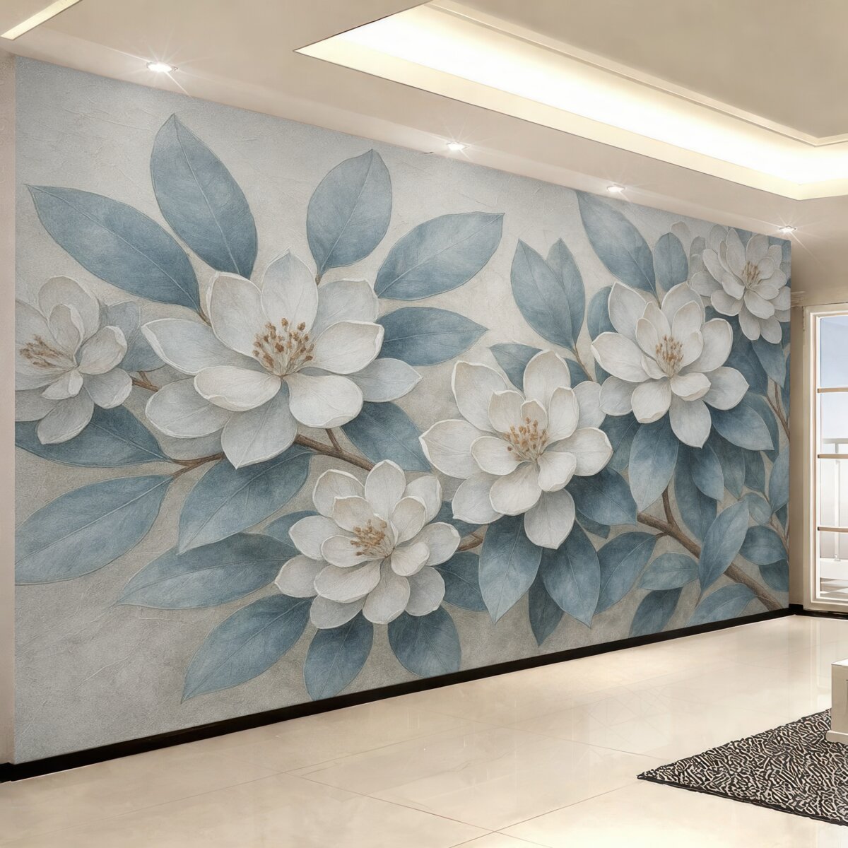 Fototapeta Subtelne białe kwiaty z szaro-zielonymi liśćmi na łagodnym, stonowanym tle w estetyce malarstwa olejnego.