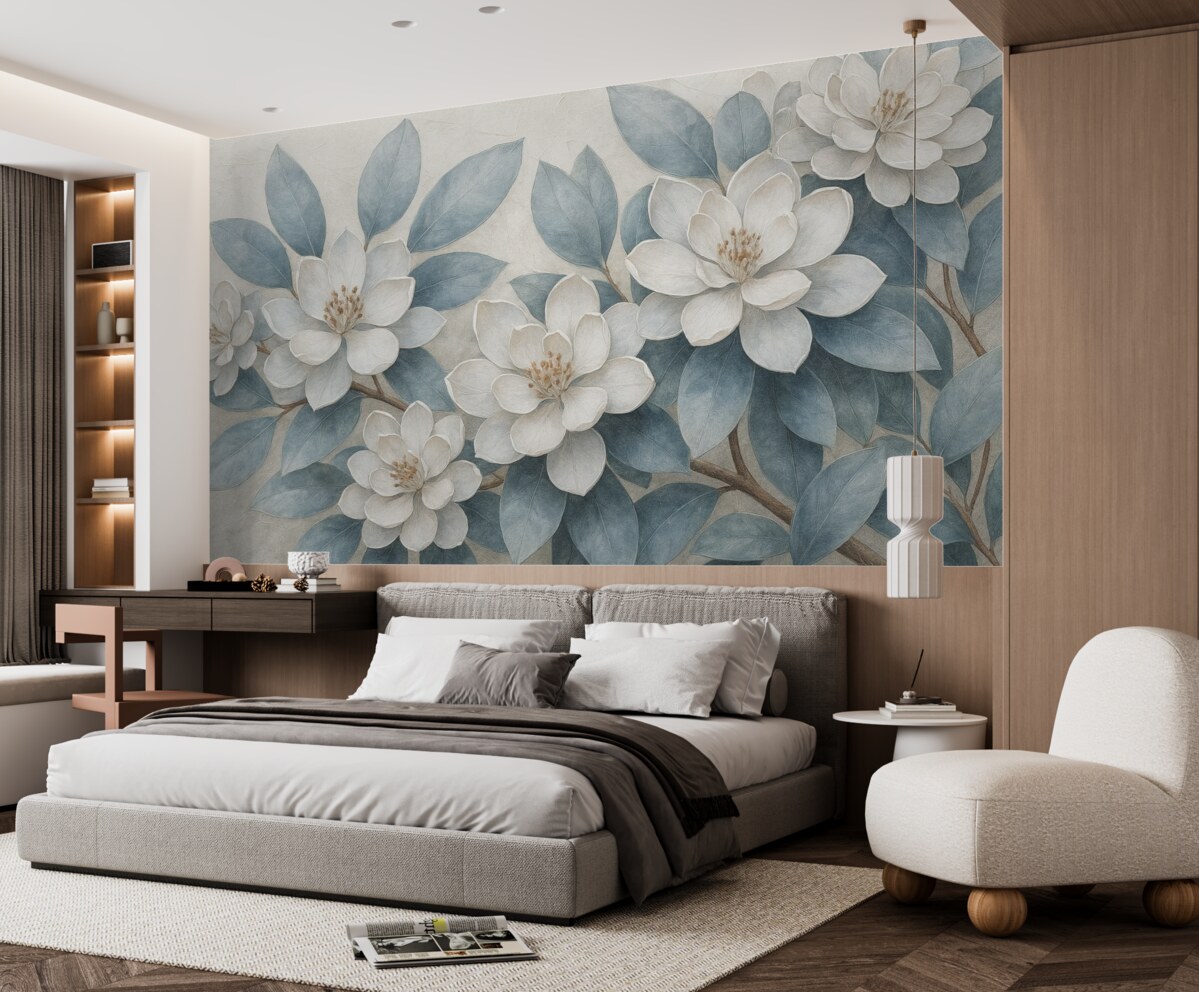 Fototapeta Subtelne białe kwiaty z szaro-zielonymi liśćmi na łagodnym, stonowanym tle w estetyce malarstwa olejnego.