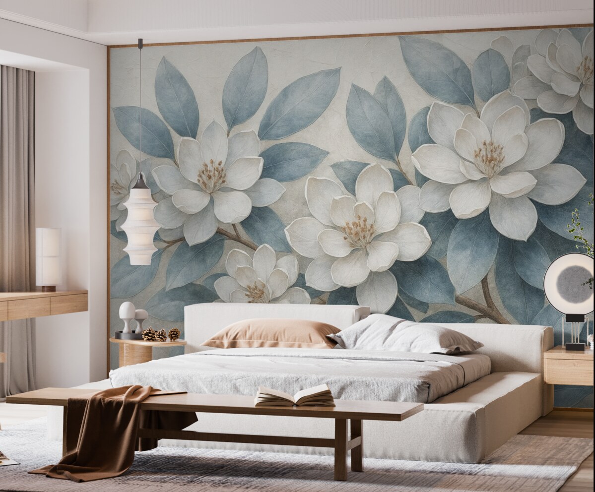 Fototapeta Subtelne białe kwiaty z szaro-zielonymi liśćmi na łagodnym, stonowanym tle w estetyce malarstwa olejnego.