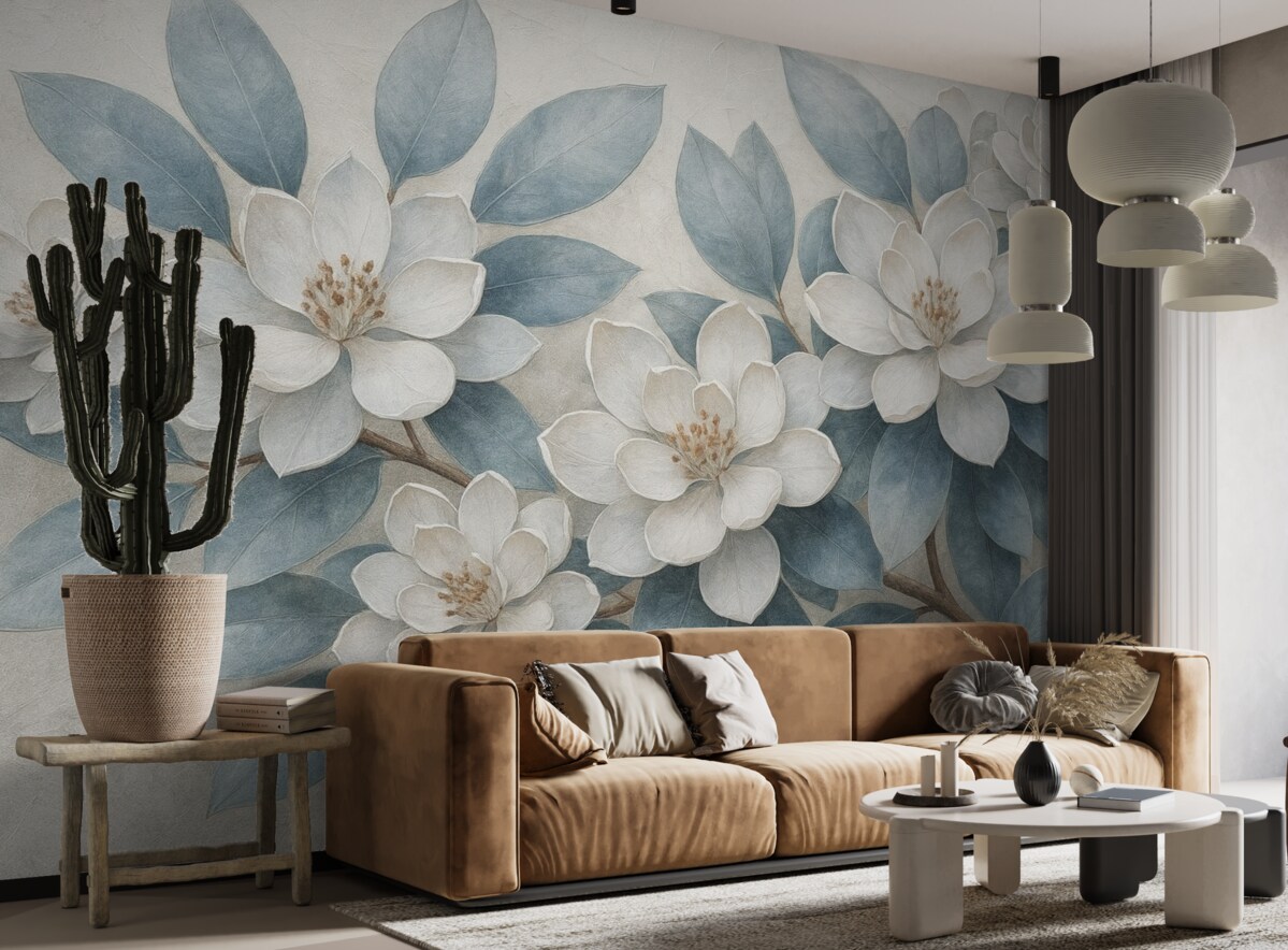 Fototapeta Subtelne białe kwiaty z szaro-zielonymi liśćmi na łagodnym, stonowanym tle w estetyce malarstwa olejnego.